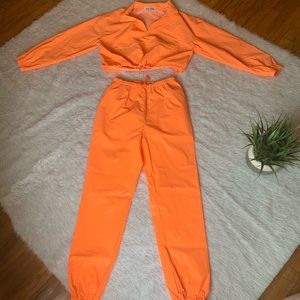Orange reflective windbreaker jogger set